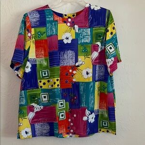 Alfred Dunner Blouse Womens Size 18W Colorful Blocks Flowers Tunic Church Career
